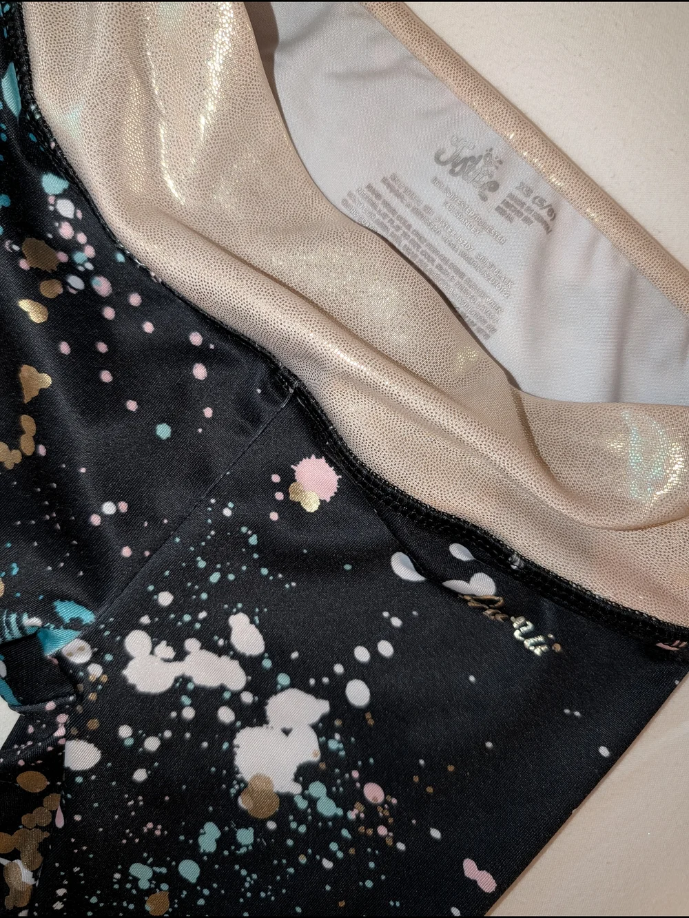 Justice Black Leggings with Metallic Gold Waist and Multicolor Paint-Splash